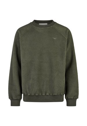 Sweat-shirt polaire vert foncé à manches longues, col rond, poignets et ourlet côtes, avec petit logo sur la poitrine gauche.