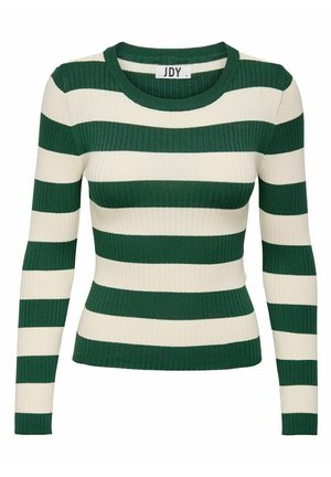 Suéter de manga larga a rayas verde y crema, de canalé, con cuello redondo y forma ajustada, que presenta una textura de punto en contraste.