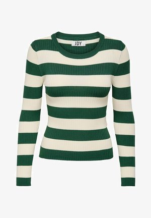 Sweater de manga longa riscado em verde e creme, com decote redondo e forma ajustada, apresentando uma textura de malha contrastante.