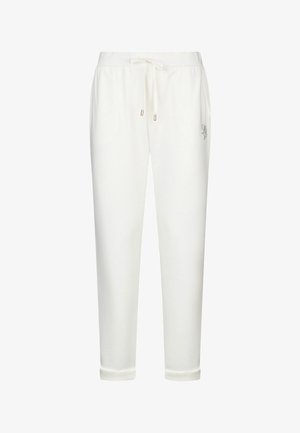 Weiße Jogginghosen aus weichem Stoff, mit Kordelzug in der Taille, Bündchen an den Säumen und einem dezenten, seitlich gestickten Detail.