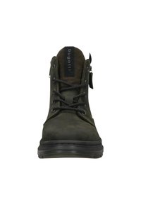 Grüne Leder-Stiefeletten mit schwarzem Zubehör, strukturiertem Zungenbereich und runden Schnürsenkeln. Verfügt über seitliche Nähte und eine Gummisohle.