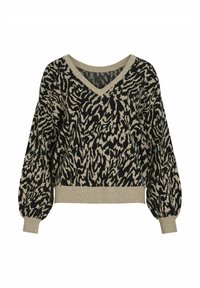 Czarny i beżowy sweter dzianinowy w wzory, o luźnym kroju, dekolcie w kształcie V oraz długich, bufiastexw rękawach; teksturowana tkanina z odważnym wzorem zwierzęcym.