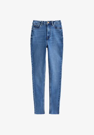High-waisted blue denim jeans with a slim fit, five pockets, and tan stitching, featuring a front button and zipper closure.
