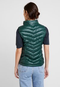 Kobieta o ciemnych włosach w koku, nosząca złote kolczyki w kształcie kół, ciemnozieloną pikowaną kamizelkę na czarnej koszulce z krótkim rękawem oraz jasnoniebieskie dżinsy, zwrócona plecami.