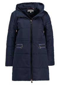 Chaqueta de plumas con capucha en azul marino, con cremallera frontal, diseño acolchado y dos bolsillos laterales con cremallera. Incluye cordón ajustable en la capucha.