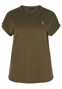 Oliivivihreä lyhythihainen t-paita, joka on valmistettu pehmeästä ja hengittävästä materiaalista, jossa on pyöreä kaula-aukko ja minimalistinen logo-tyyli rinnassa.