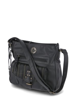 Black leather crossbody bag with adjustable strap, front zip pocket, and plaid flap pocket with buckle detail.