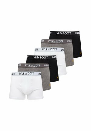 Cinque paia di boxer da uomo Lyle & Scott in bianco, nero e grigio, disposti in una fila sfalsata con elastici brandizzati.