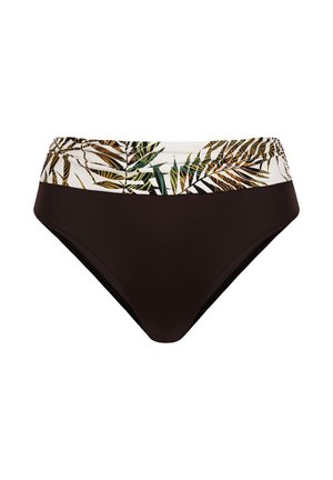 Ciemnobrązowe majtki bikini z szerokim białym paskiem w talii, zdobione zielonym i brązowym tropikalnym wzorem liści.