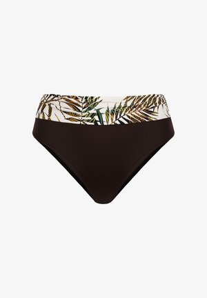 Ciemnobrązowe majtki bikini z szerokim białym paskiem w talii, zdobione zielonym i brązowym tropikalnym wzorem liści.