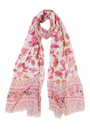 Lichtroze sjaal met felroze en oranje bloemmotieven en decoratieve geometrische rand, zacht gedrapeerd en in het midden geknoopt.