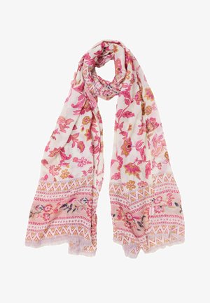 Hellrosa Schal mit leuchtend pinken und orangen floralen Mustern und dekorativem geometrischem Rand, weich drapiert und in der Mitte geknotet.