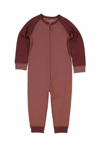 Maroon and pink one-piece suit with long sleeves, a zip closure down the center, and ribbed cuffs at the wrists and ankles. Soft texture.