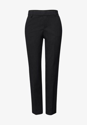 Black trousers with a straight cut, made of smooth fabric. Features a waistband with belt loops and a single button closure at the front.