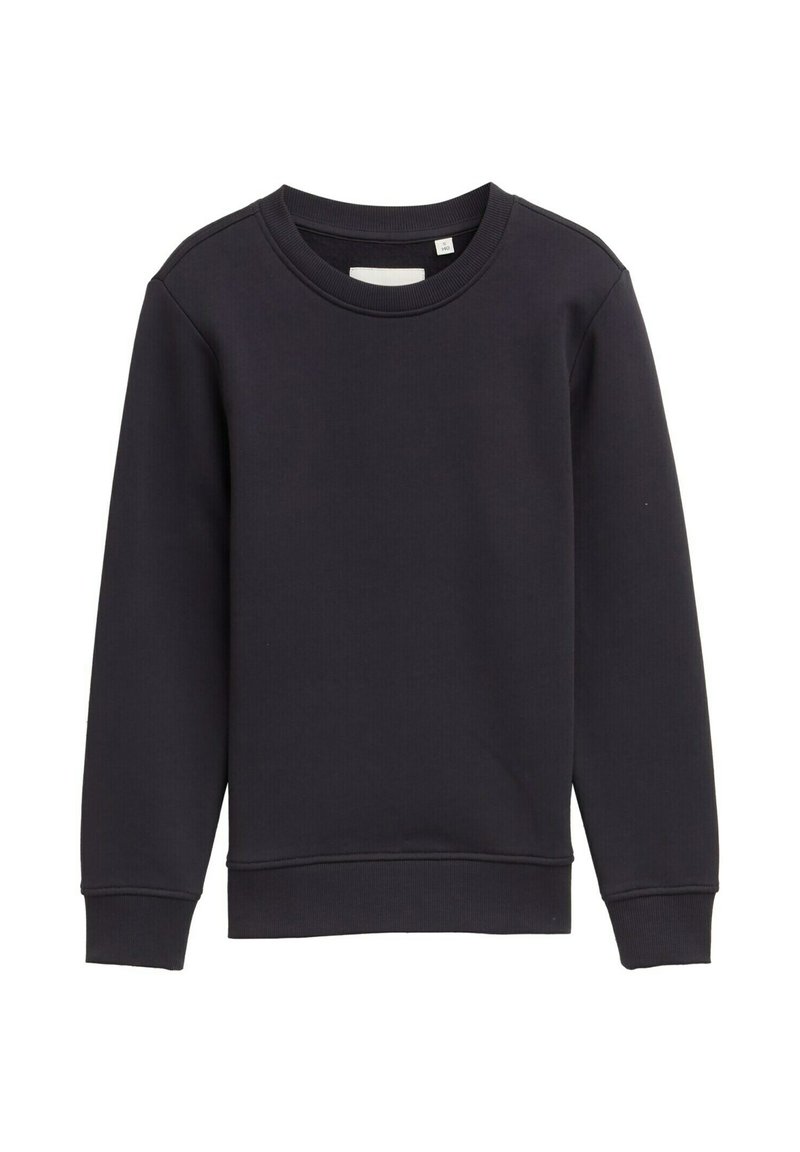 Donkergrijze crewneck sweatshirt gemaakt van gladde stof, met ribbels aan de mouwen en onderkant, met een eenvoudig en klassiek ontwerp.