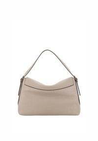 Beige leather handbag with a curved shape, top handle, and raised stitching along the edge. Minimalist design with no visible hardware.