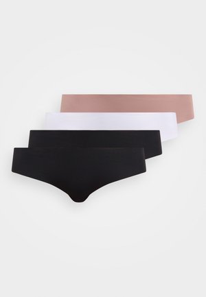Set of four seamless panties: black, white, nude, and gray. Smooth texture, low-rise design, and full back coverage with a soft waistband.