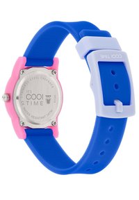 Siliconuhr mit pinkem Gehäuse und blauer Armbanduhr. Stahlgehäuseboden mit der Aufschrift "Cool Time", wasserdicht bis 3 ATM, mit einem Totenkopf-Symbol.