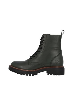 Green leather ankle boot with a round toe, black rubber sole, laces, and a stitched brown accent around the sole. Features a heel tab.