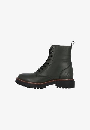 Bottines en cuir vert à bout rond, semelle en caoutchouc noire, lacets et un accent brun cousu autour de la semelle. Comprend une languette au talon.