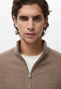 Giovane uomo con i capelli ricci e corti di colore marrone, che indossa un maglione marrone con zip sopra una camicia bianca, rivolto in avanti con un'espressione neutra.