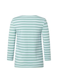 Raidallinen pitkähihainen paita vaaleanvihreänä ja valkoisena, jossa on pyöreä pääntie ja pehmeä puuvillakangas. Yksinkertainen, istuva malli.