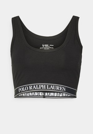 Black cotton crop top featuring a rounded neckline and a contrasting logo band at the bottom with “POLO RALPH LAUREN” text.