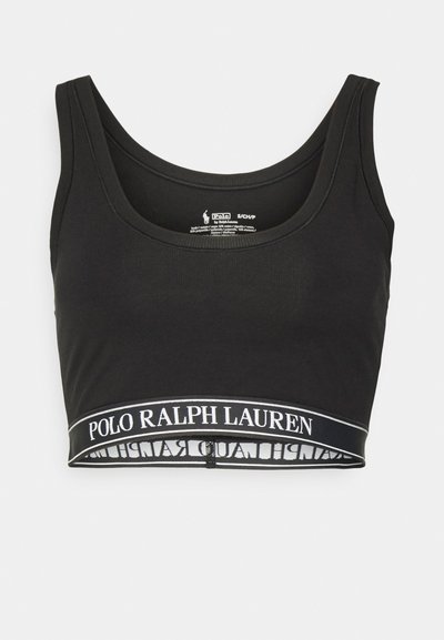 Svart bomull crop topp med rund halslinning og en kontrasterende logo-bånd nederst med teksten "POLO RALPH LAUREN".