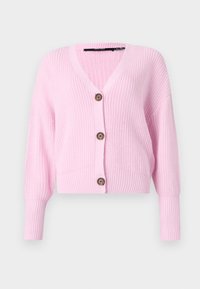 Růžový pletený kardigan s výstřihem do V, spadenými rameny a žebrovanými manžetami. Na přední straně má pět hnědých knoflíků a zkrácenou délku.