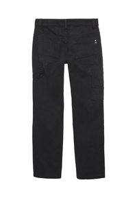 Pantalons cargo noirs en tissu mélangé coton, avec une coupe droite, plusieurs poches et des détails de couture renforcée à l'arrière.