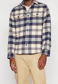 Camicia di flanella con motivo a scacchi blu navy, crema e marrone, chiusura con bottoni, due tasche sul petto e maniche lunghe. Texture morbida e design strutturato.