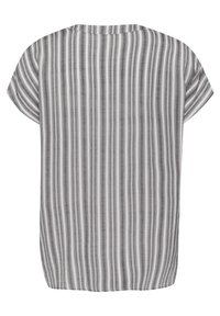 Camicia a maniche corte a righe grigia e bianca, con una vestibilità comoda, scollo rotondo e tessuto leggero dalla texture morbida.