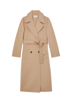 Cappotto lungo in lana color cammello con ampi revers, chiusura con bottoni, due tasche frontali e cintura in tessuto annodata in vita.