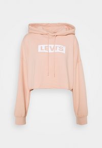 Sudadera recortada con capucha en suave tela melocotón. Cuenta con mangas largas, puños elásticos y un logo blanco de "LEVI'S" en el frente.