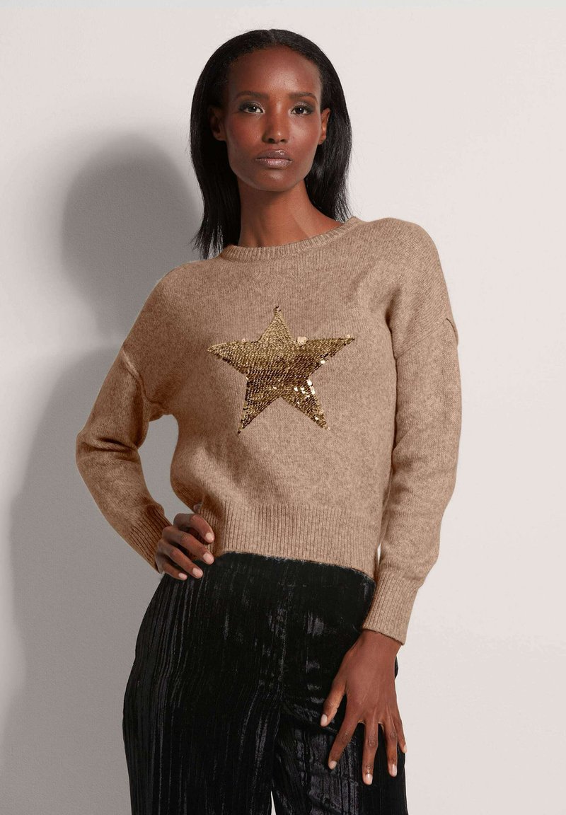 Beige Strickpullover mit einem strukturierten goldenen Paillettenstern auf der Vorderseite. Hat einen runden Ausschnitt und Rippbündchen, kombiniert mit schwarzen plissierten Hosen.