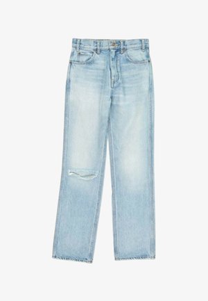 Hellblaue Jeans mit geradem Bein und einem einzelnen beschädigten Riss am linken Oberschenkel.