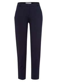 Marinblå skräddarsydda byxor med flat front, bältesöglor och sidofickor. Tillverkade av slät tyg med en slim fit, raka ben.