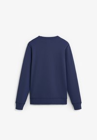 Marineblå sweatshirt med rund halsudskæring, lange ærmer og ribstrikkede manchetter og kant, lavet af blødt stof med en glat tekstur.