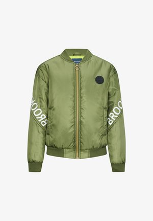 Olivgrüne Bomberjacke aus glänzendem Nylon mit einem Frontreißverschluss, gerippten Bündchen und "BROOKLYN"-Grafik auf dem Ärmel. Mit einem Logo-Patch.