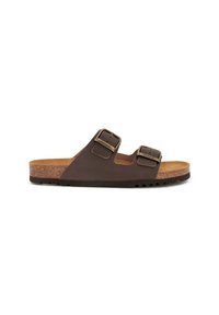 Sandale slide en cuir marron avec deux boucles ajustables, semelle en liège et semelle en caoutchouc texturé. Design ouvert sur le devant, style décontracté.