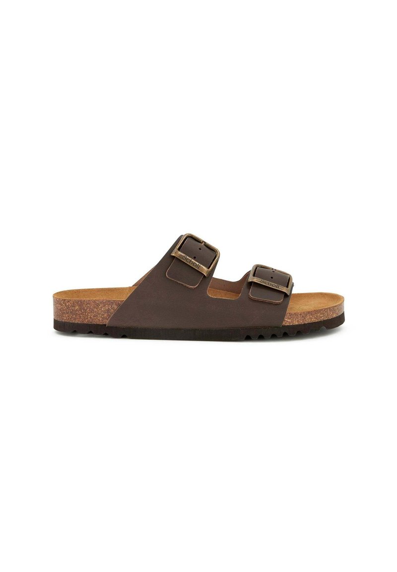 Sandale slide en cuir marron avec deux boucles ajustables, semelle en liège et semelle en caoutchouc texturé. Design ouvert sur le devant, style décontracté.