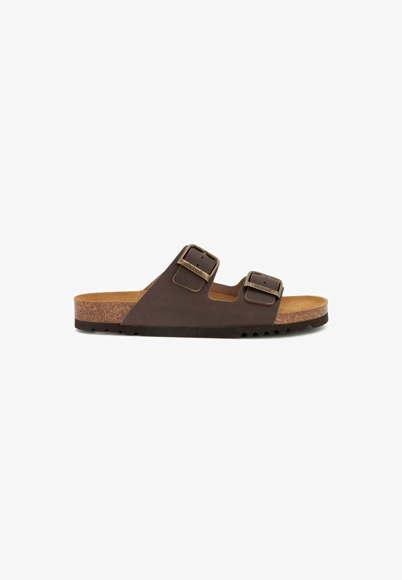 Sandale slide en cuir marron avec deux boucles ajustables, semelle en liège et semelle en caoutchouc texturé. Design ouvert sur le devant, style décontracté.