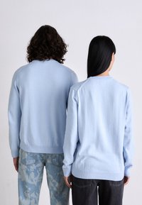 Jasnoniebieskie swetry z dzianiny, z prążkowanymi mankietami i ściągaczami, noszone przez dwie osoby widziane od tyłu. Jedna ma kręcone włosy, druga proste.