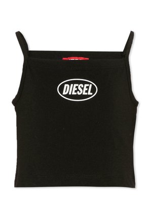 Top court noir avec fines bretelles et logo Diesel blanc en ovale sur la poitrine.