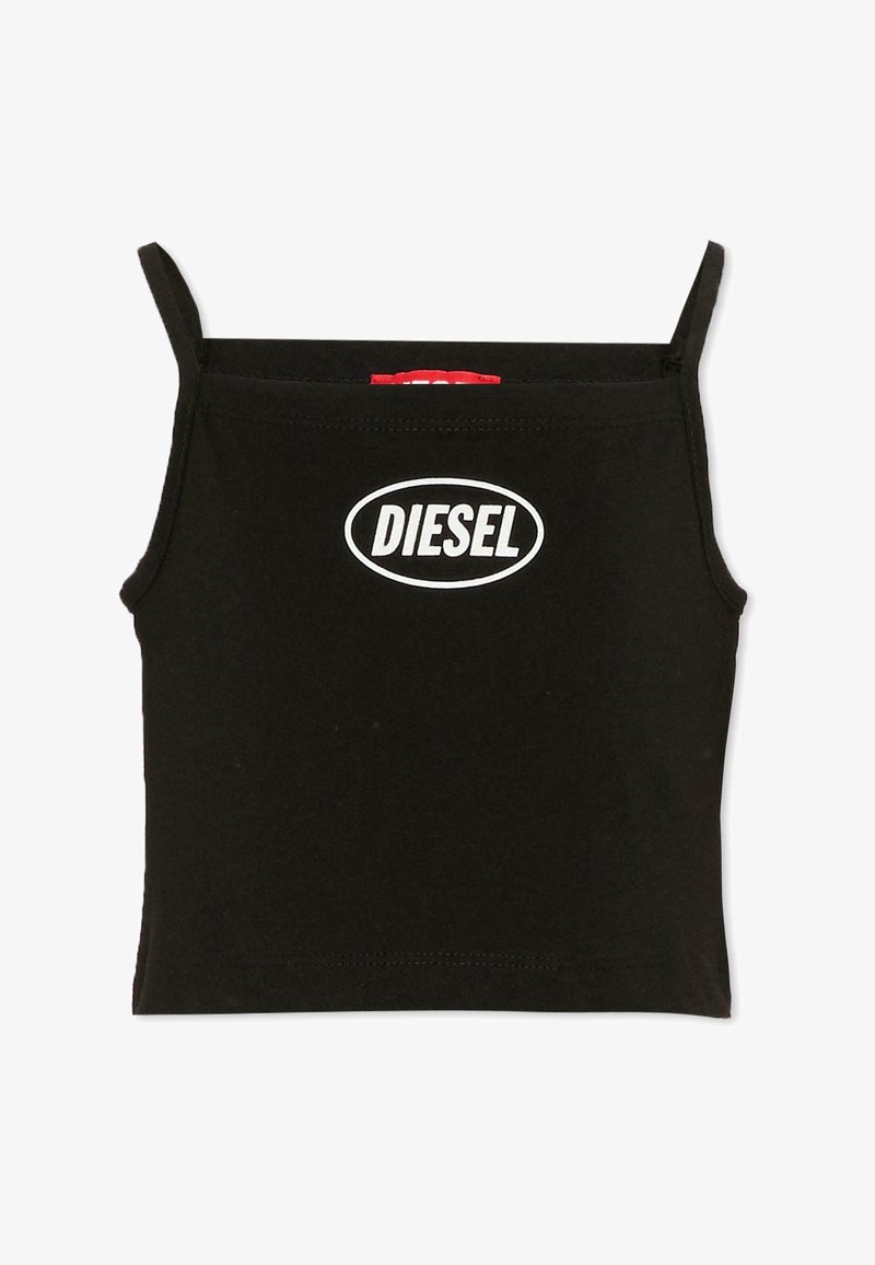 Top court noir avec fines bretelles et logo Diesel blanc en ovale sur la poitrine.
