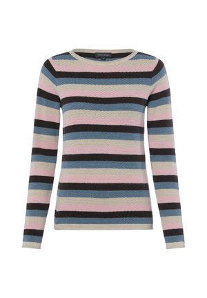Langärmeliger gestrickter Pullover mit horizontalen Streifen in Blau, Schwarz, Pink und Beige, mit rundem Ausschnitt.