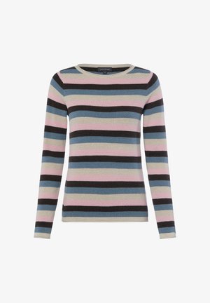 Langärmeliger gestrickter Pullover mit horizontalen Streifen in Blau, Schwarz, Pink und Beige, mit rundem Ausschnitt.