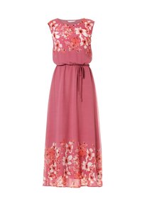 Robe longue rose en tissu léger avec un motif floral dans des teintes de rouge et de blanc, présente une taille à nouer et des manches courtes.
