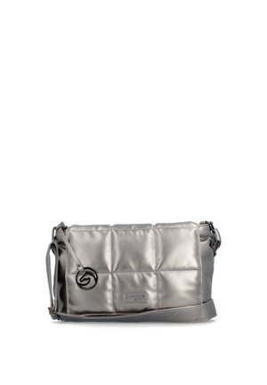 Metallic gray padded leather shoulder bag with adjustable strap and round black logo charm on a white background.
