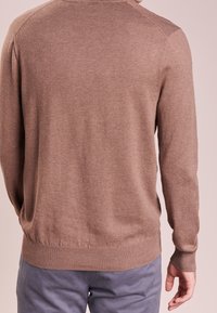 Pull tricoté marron avec un ourlet et des poignets côtelés, présentant une texture lisse et une coupe ajustée. Vue de dos mettant en valeur l'encolure ronde.